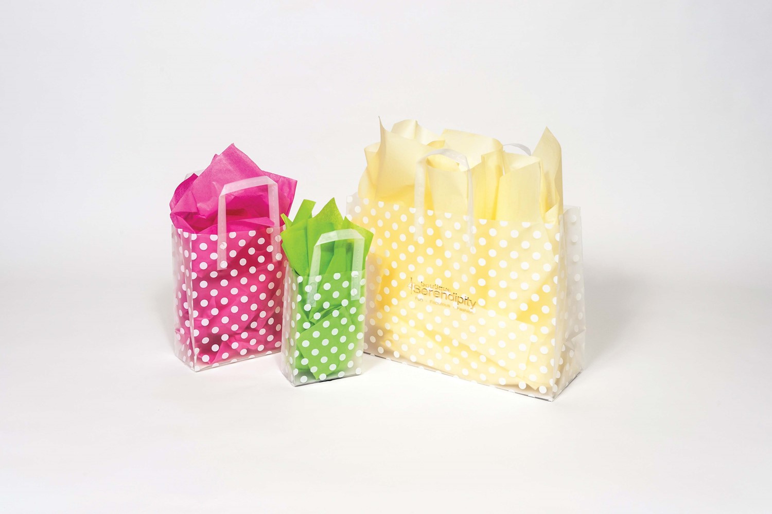 5 x 3 x 8 White Dot Frosted Shopping Bags (Case of 100) White-Dot-Frosted-Shopping-Bags-5