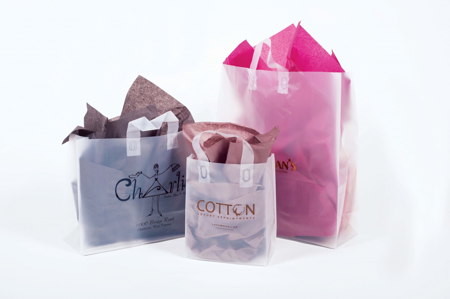 JS Frosted Plastic Shopping Gift Bags Large (16x6x12)- Quantity of 100  (Clear)